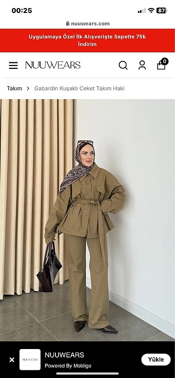 Gabardin kuşaklı ceket takım haki