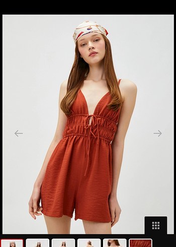 Kahverengi Keten Kadın Midi Tulum - Görsel 3