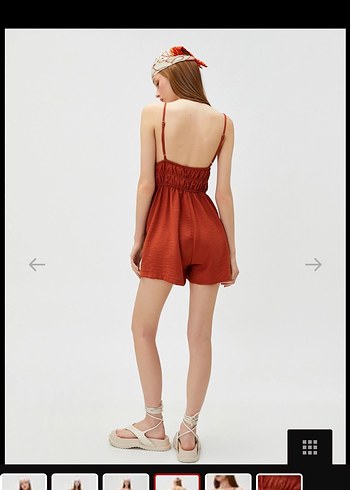 Kahverengi Keten Kadın Midi Tulum - Görsel 4