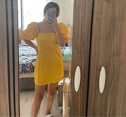 Mango sarı balon kollu kısa elbise