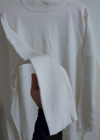 Kadın Beyaz Pamuklu Uzun Kollu Basic Kazak - Görsel 2