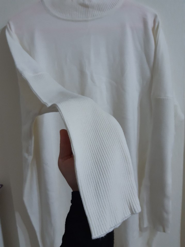 Kadın Beyaz Pamuklu Uzun Kollu Basic Kazak - Görsel 2