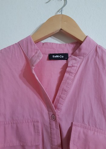 Pembe Düğmeli Kadın Keten Gömlek - Görsel 4