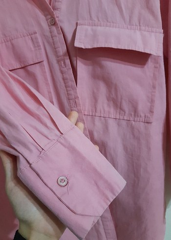 Pembe Düğmeli Kadın Keten Gömlek - Görsel 3