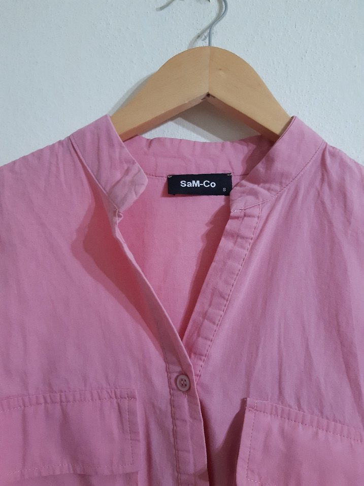 Pembe Düğmeli Kadın Keten Gömlek - Görsel 4