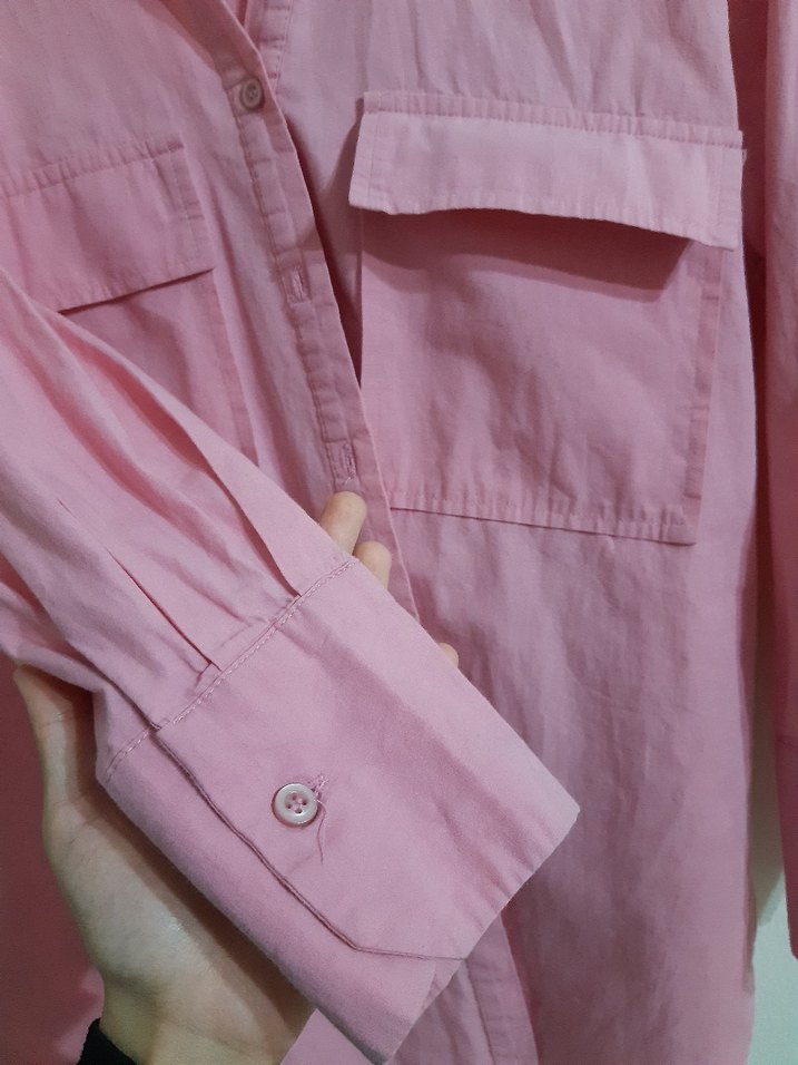 Pembe Düğmeli Kadın Keten Gömlek - Görsel 3