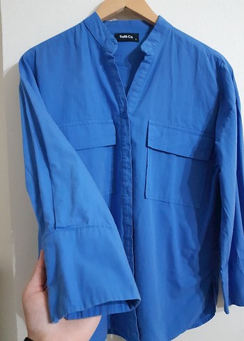 Mavi Pamuklu Düğmeli Uzun Kollu Kadın Gömlek - Görsel 2