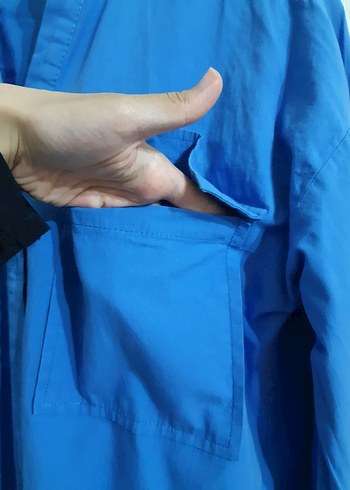 Mavi Pamuklu Düğmeli Uzun Kollu Kadın Gömlek - Görsel 3