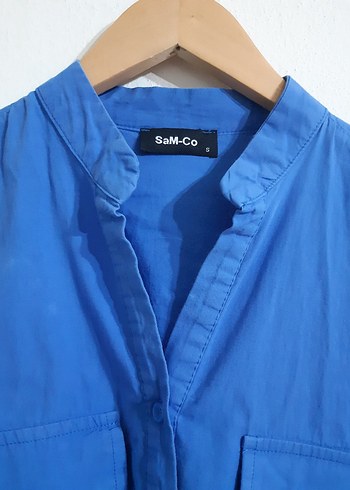 Mavi Pamuklu Düğmeli Uzun Kollu Kadın Gömlek - Görsel 4