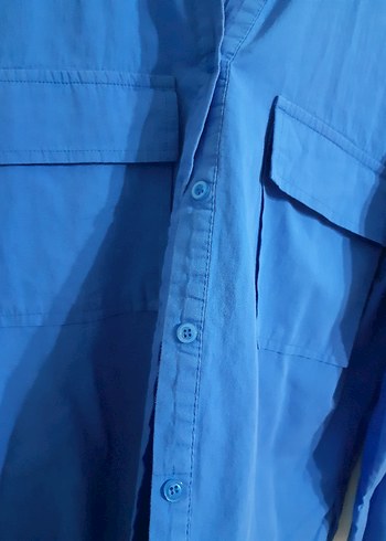 Mavi Pamuklu Düğmeli Uzun Kollu Kadın Gömlek - Görsel 5