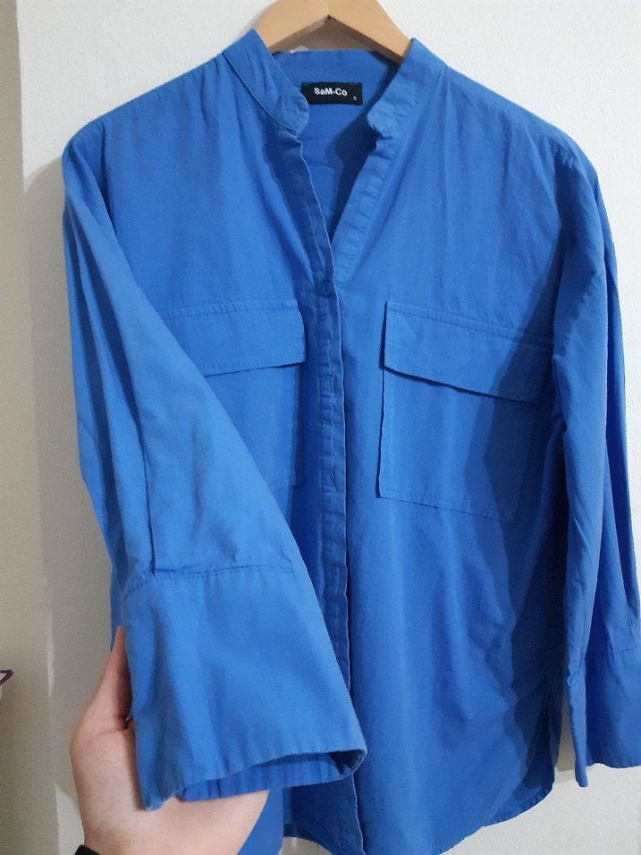 Mavi Pamuklu Düğmeli Uzun Kollu Kadın Gömlek - Görsel 2