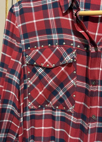 Kırmızı Kareli Düğmeli Kadın Gömlek - Görsel 2