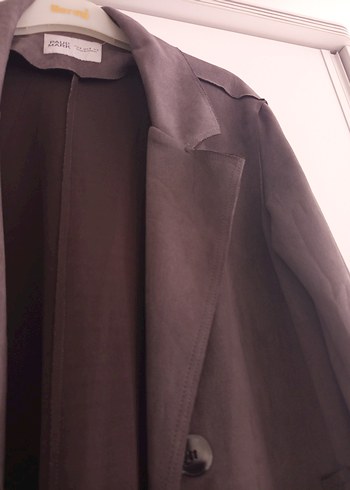 Düğmeli Uzun Süet Kadın Trençkot - Görsel 2