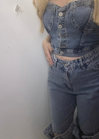 Düğmeli Mavi Denim Kadın Jean