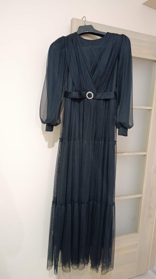 Uzun Kollu Siyah Pilili Kadın Elbise - Görsel 2