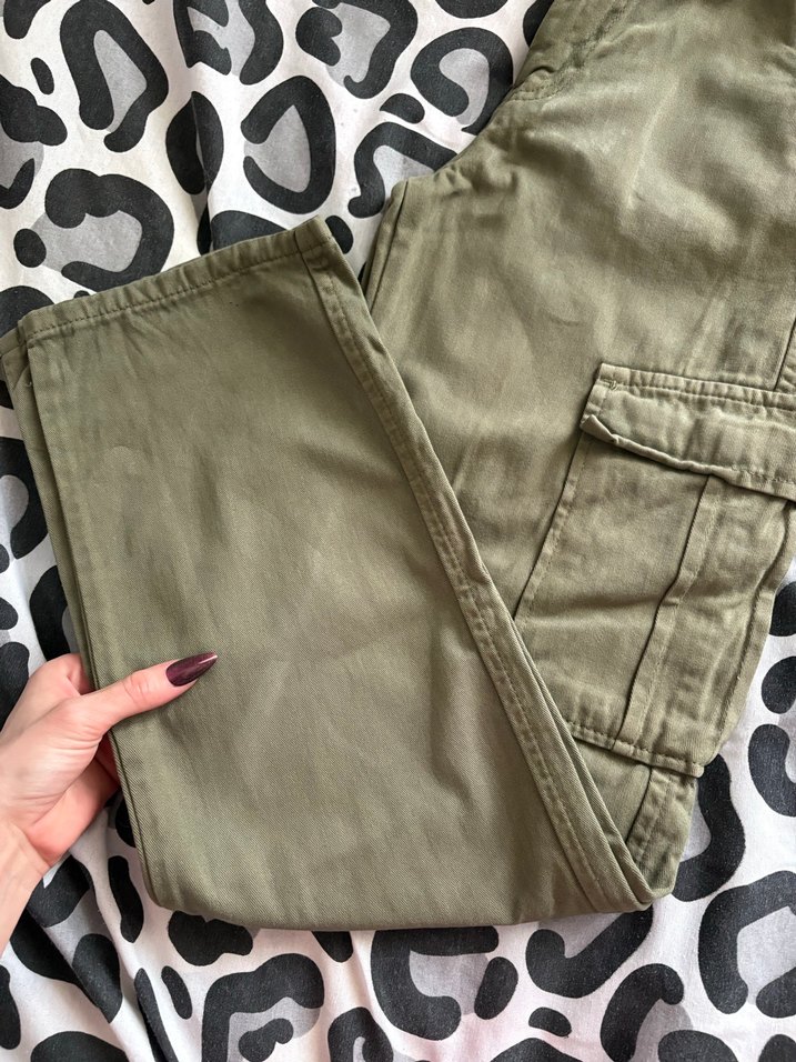 Kadın Haki Kemerli Kamuflaj Keten Pantolon - Görsel 2