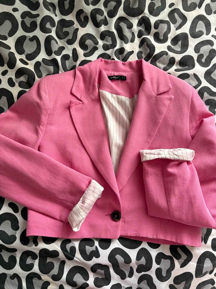 Düğmeli Pembe Kadın Keten Blazer - Görsel 2