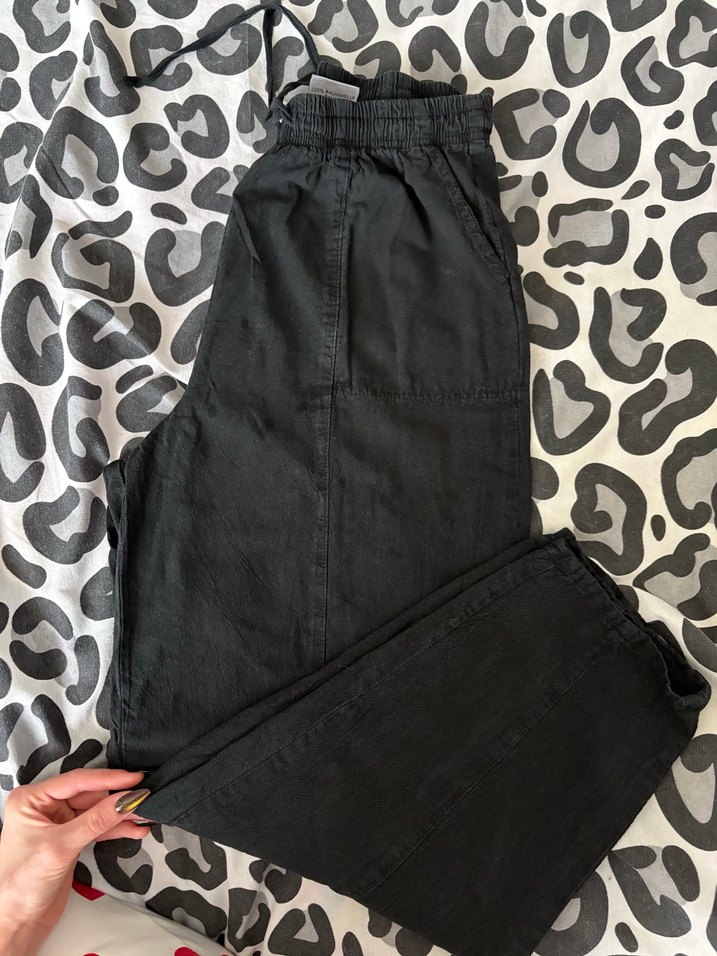 Kadın Siyah Keten Bol Kesim Kemerli Pantolon - Görsel 2