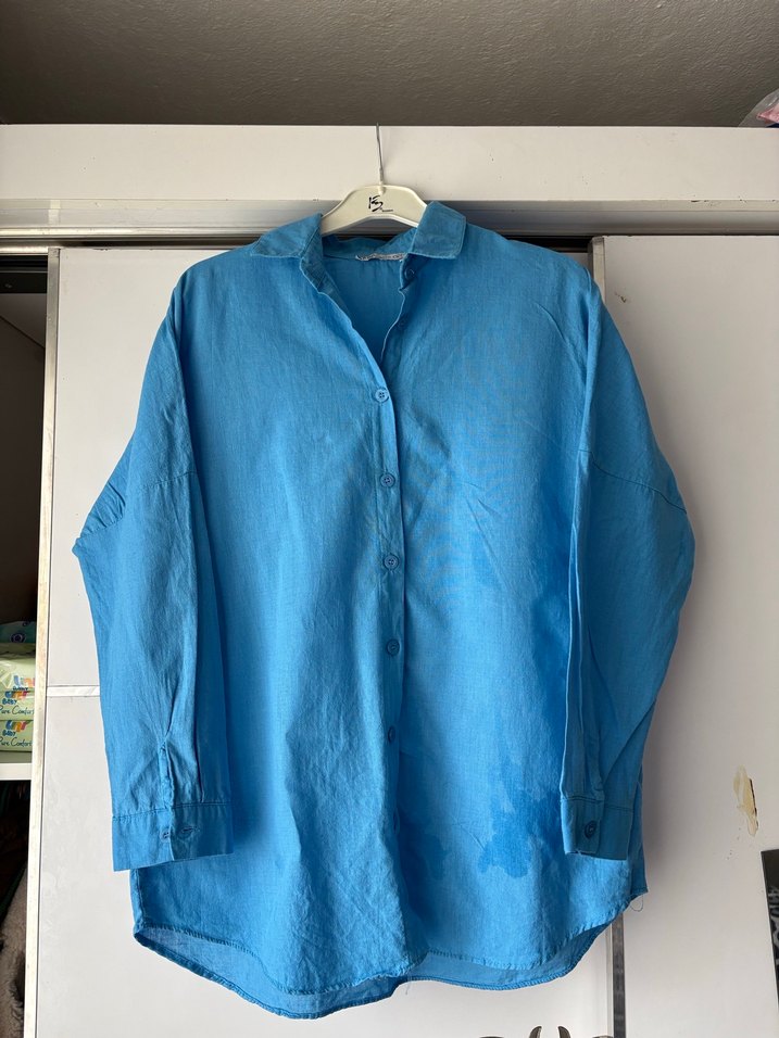 Mavi Keten Uzun Kollu Gömlek - Görsel 2