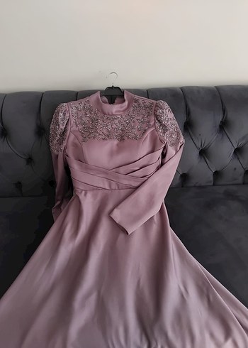 Uzun Kollu, Yüksek Yakalı Mor Abiye Elbise - Görsel 4