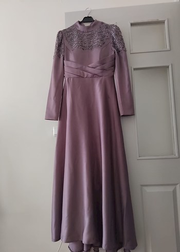 Uzun Kollu, Yüksek Yakalı Mor Abiye Elbise - Görsel 3