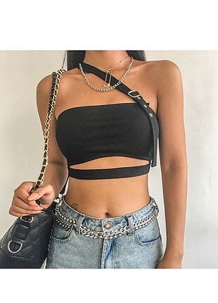 s Beden tek askılı kemerli büstiyer crop kısa üst