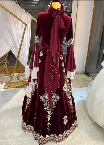 m Beden Bordo İşlemeli Boncuk Detaylı Uzun Kadın Bindallı