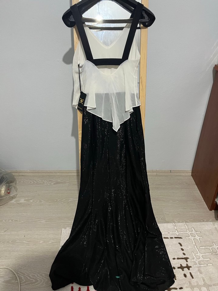 Explosion marka Siyah V Yaka Uzun Drapeli Abiye Elbise - Görsel 3