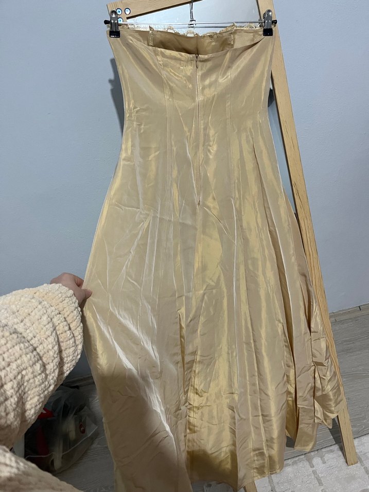 Apart marka Bej Drapeli Straplez Uzun Elbise - Görsel 2