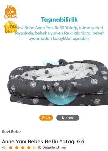 Sevi Bebe Gri Anne Yanı Bebek Reflü Yatağı - Görsel 4