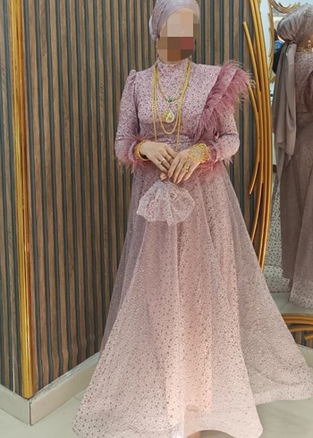 Abiye Pembe Drapeli Uzun Kollu Nişan Elbisesi .tesettür abiye