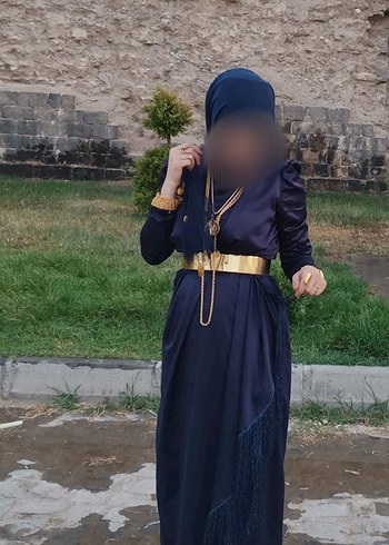 Uzun Drapeli lacivert Abiye Elbise
