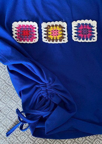 Diğer Nakışlı Mavi Kısa Kollu Oversize Tişört