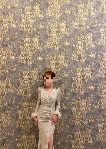 Bej V Yaka Uzun Kollu Abiye - Görsel 3