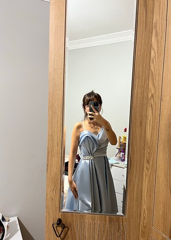 Mavi Drapeli Strappy Uzun Abiye Elbise