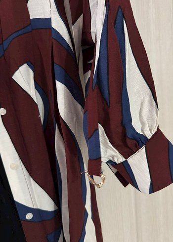 H&M Bordo Batik Desenli Uzun Kollu Kadın Gömlek Elbise