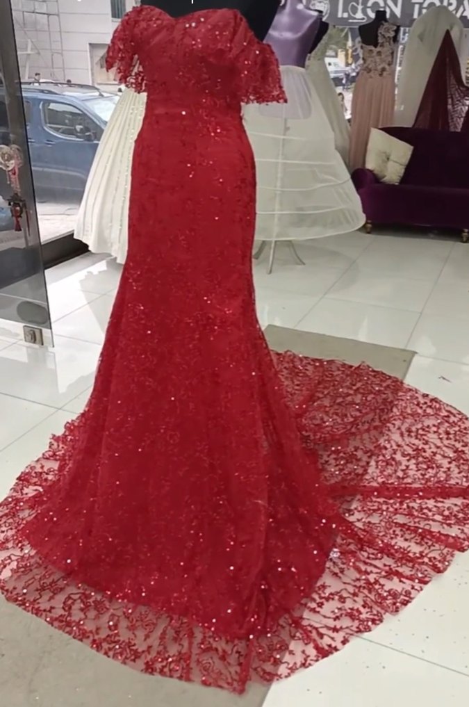 Dantelli Kırmızı Uzun Abiye Elbise - Görsel 4