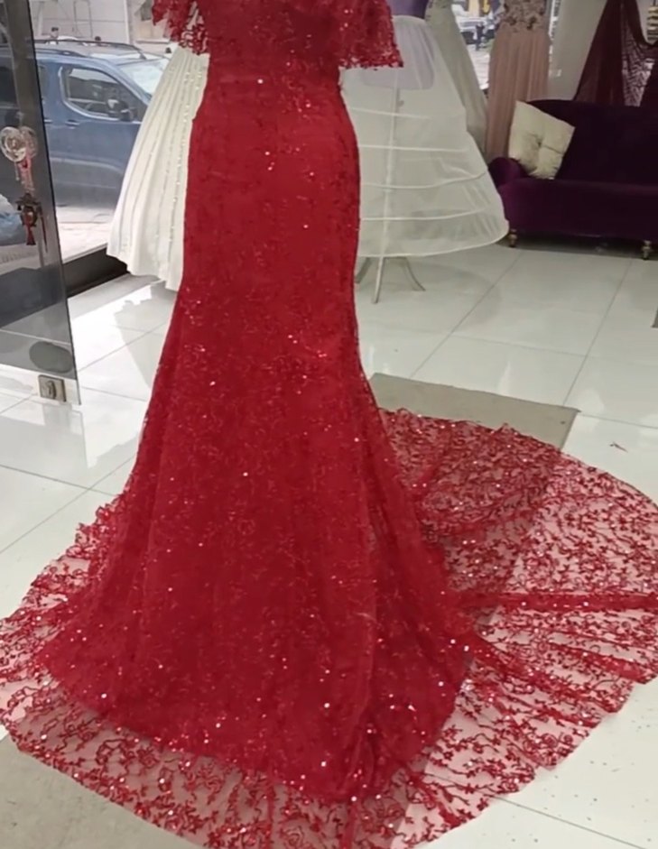 Dantelli Kırmızı Uzun Abiye Elbise - Görsel 3