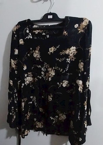 Bohem Siyah Çiçek Desenli Uzun Kollu Bluz - Görsel 2