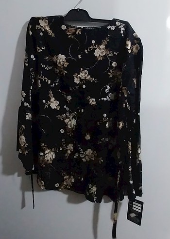 Bohem Siyah Çiçek Desenli Uzun Kollu Bluz - Görsel 7