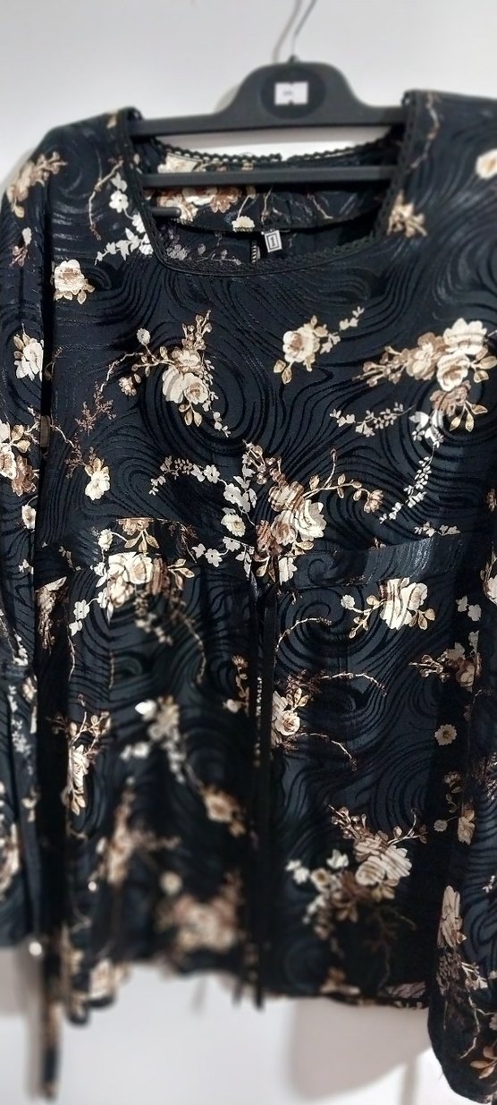 Bohem Siyah Çiçek Desenli Uzun Kollu Bluz - Görsel 5