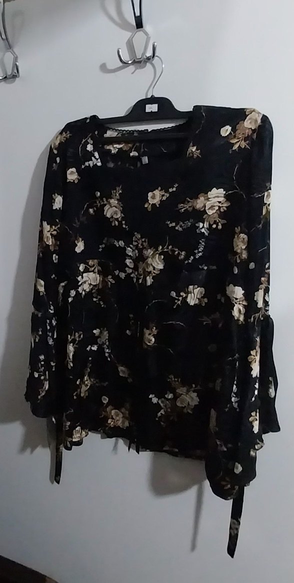 Bohem Siyah Çiçek Desenli Uzun Kollu Bluz - Görsel 4