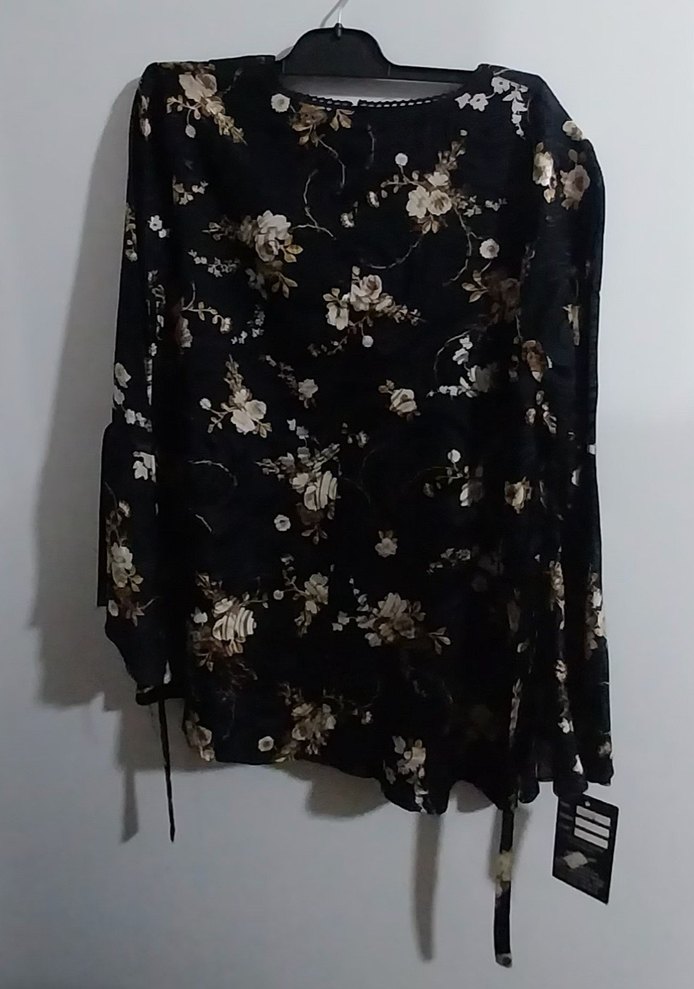 Bohem Siyah Çiçek Desenli Uzun Kollu Bluz - Görsel 3