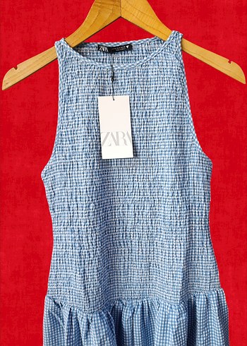 Zara Mavi beyaz Uzun Kolsuz Elbise vintage