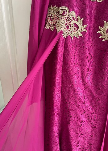 42 Beden mor Renk Drape Detaylı Uzun Abiye Elbise