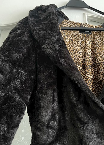 42 Beden Leopar Desenli Kahverengi Kadın Peluş Mont