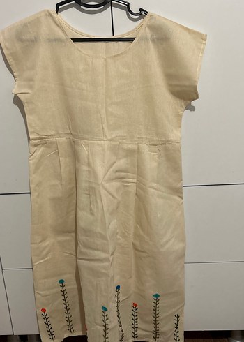 Nakışlı Keten Hamile Midi Elbise - Görsel 2