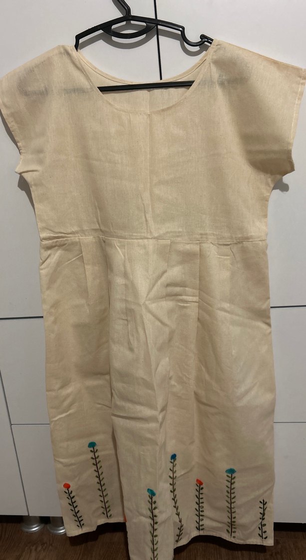 Nakışlı Keten Hamile Midi Elbise - Görsel 3