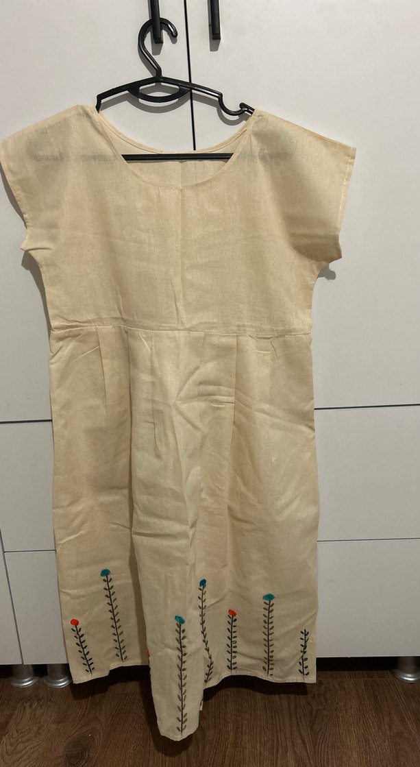 Nakışlı Keten Hamile Midi Elbise - Görsel 2