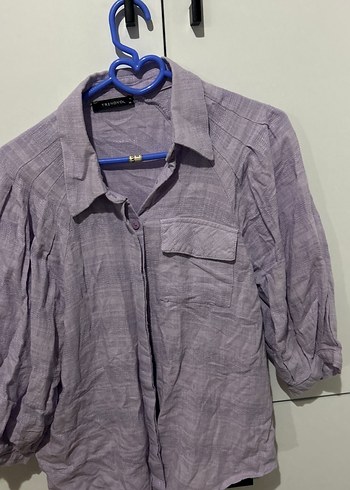 Düğmeli, Kısa Kollu Mor Keten Gömlek - Görsel 4